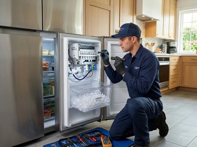 Appliance Repair Hero technician repairing a refrigerator ice maker in Braintree, MA