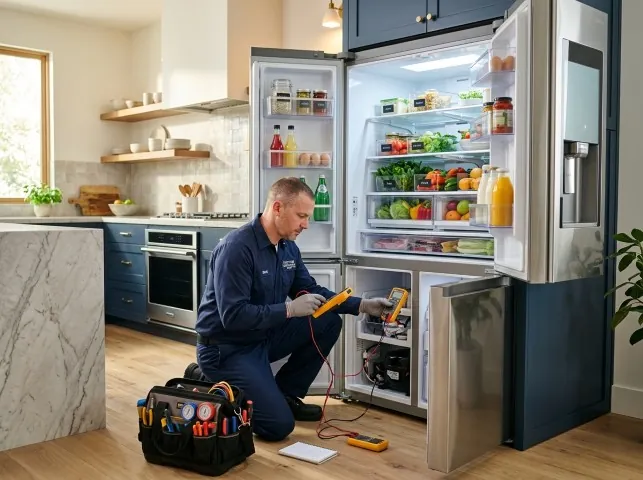 Appliance Repair Hero refrigerator technician testing a fridge on a Braintree, MA service call