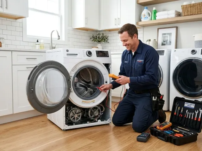 Appliance Repair Hero technician testing a front-load washer with a multimeter on a Braintree, MA service call